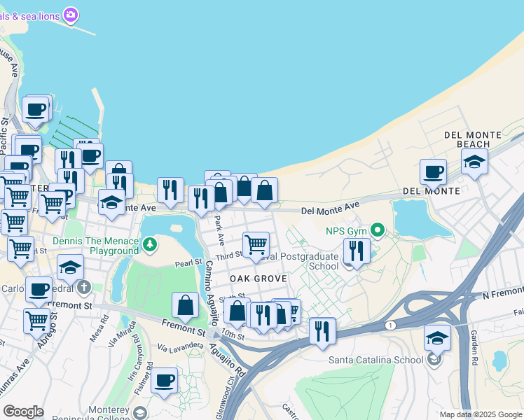 map of restaurants, bars, coffee shops, grocery stores, and more near Del Monte Avenue in Monterey
