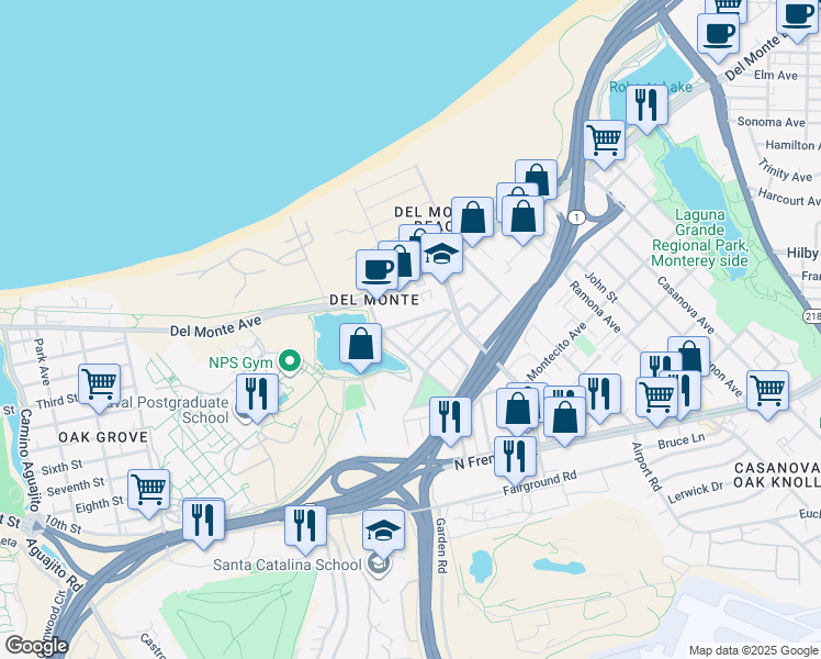map of restaurants, bars, coffee shops, grocery stores, and more near 28 Helvic Avenue in Monterey