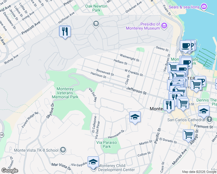 map of restaurants, bars, coffee shops, grocery stores, and more near 1000 Johnson Street in Monterey