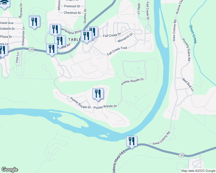 map of restaurants, bars, coffee shops, grocery stores, and more near 116 Lake Club Drive in Branson