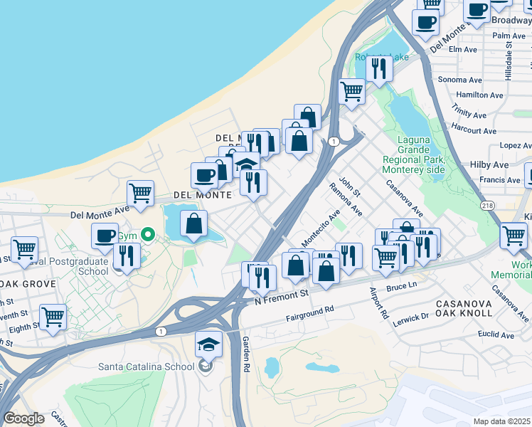 map of restaurants, bars, coffee shops, grocery stores, and more near 301 Casa Verde Way in Monterey