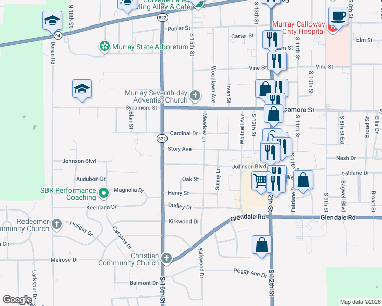 map of restaurants, bars, coffee shops, grocery stores, and more near 1503 Story Avenue in Murray