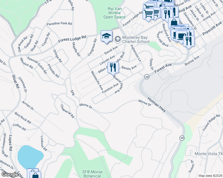map of restaurants, bars, coffee shops, grocery stores, and more near 1223 Funston Avenue in Pacific Grove