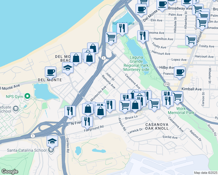 map of restaurants, bars, coffee shops, grocery stores, and more near 412 Ramona Avenue in Monterey