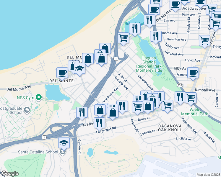 map of restaurants, bars, coffee shops, grocery stores, and more near 215 Montecito Avenue in Monterey