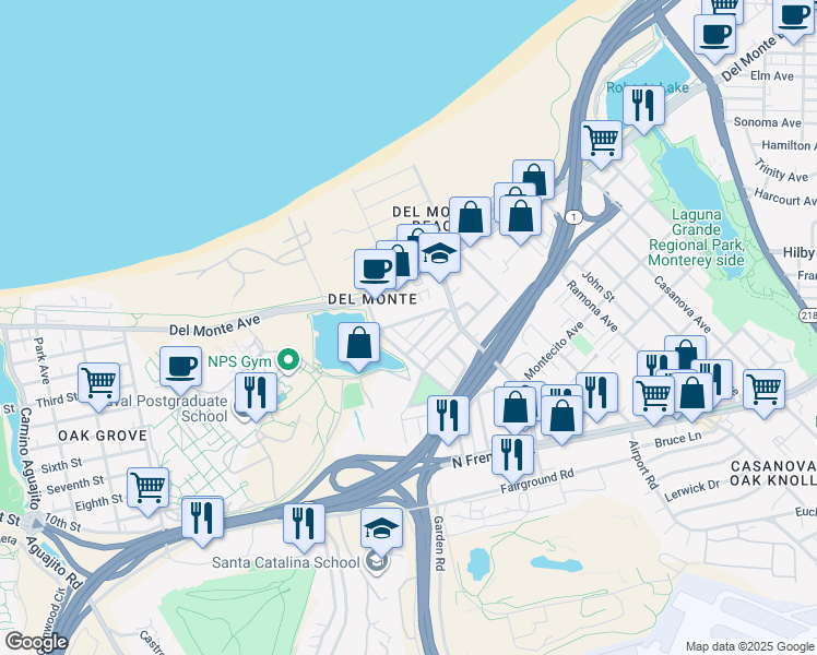 map of restaurants, bars, coffee shops, grocery stores, and more near 28 Helvic Avenue in Monterey