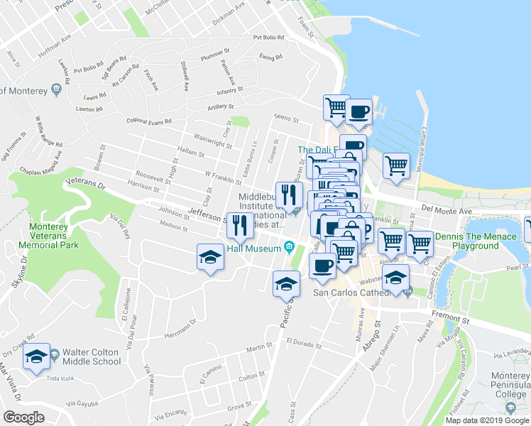 map of restaurants, bars, coffee shops, grocery stores, and more near 444 Larkin Street in Monterey