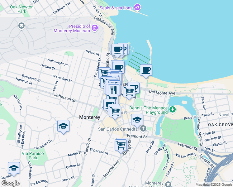 map of restaurants, bars, coffee shops, grocery stores, and more near in Monterey