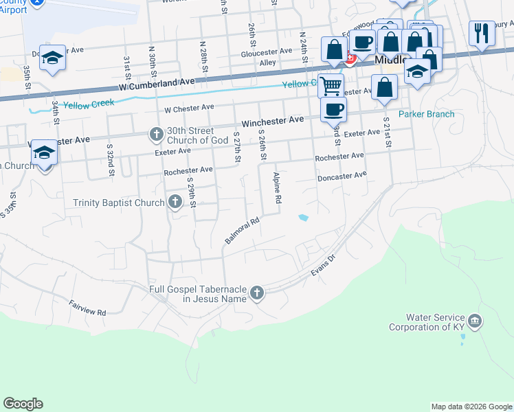 map of restaurants, bars, coffee shops, grocery stores, and more near 709 South 27th Street in Middlesboro