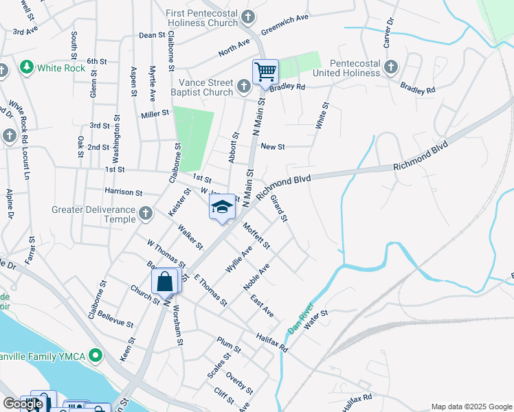 map of restaurants, bars, coffee shops, grocery stores, and more near 1202 Richmond Boulevard in Danville