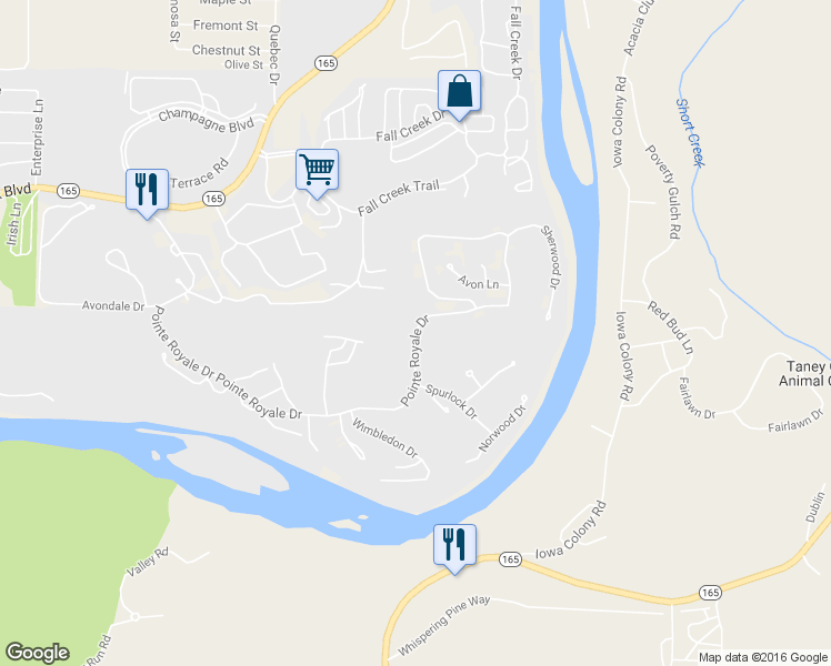 map of restaurants, bars, coffee shops, grocery stores, and more near 1501 Pointe Royale Drive in Branson