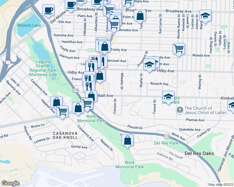 map of restaurants, bars, coffee shops, grocery stores, and more near 1100 Carson Street in Seaside