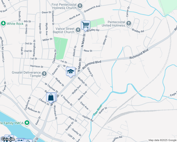map of restaurants, bars, coffee shops, grocery stores, and more near 125 Girard Street in Danville