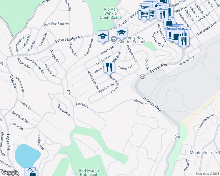 map of restaurants, bars, coffee shops, grocery stores, and more near 1209 Funston Avenue in Pacific Grove