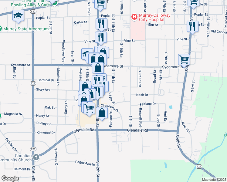 map of restaurants, bars, coffee shops, grocery stores, and more near 1098 Story Avenue in Murray
