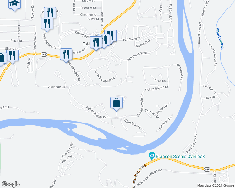 map of restaurants, bars, coffee shops, grocery stores, and more near 180 Lake Club Drive in Branson
