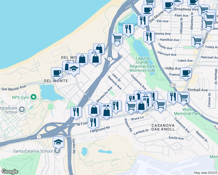 map of restaurants, bars, coffee shops, grocery stores, and more near 215 Montecito Avenue in Monterey