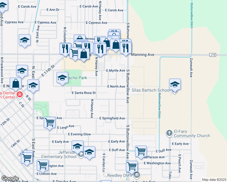 map of restaurants, bars, coffee shops, grocery stores, and more near 463 North Cedar Avenue in Reedley