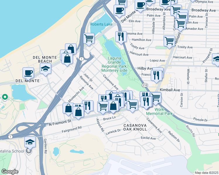 map of restaurants, bars, coffee shops, grocery stores, and more near 463 Hannon Avenue in Monterey