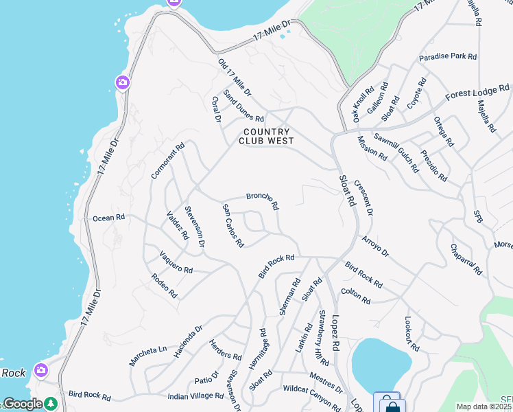 map of restaurants, bars, coffee shops, grocery stores, and more near 1025 Sombrero Road in Del Monte Forest