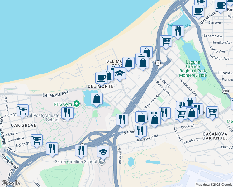 map of restaurants, bars, coffee shops, grocery stores, and more near 28 Helvic Avenue in Monterey