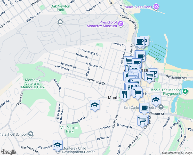 map of restaurants, bars, coffee shops, grocery stores, and more near 460 Watson Street in Monterey