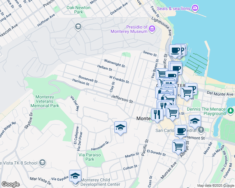 map of restaurants, bars, coffee shops, grocery stores, and more near 486 Monroe Street in Monterey