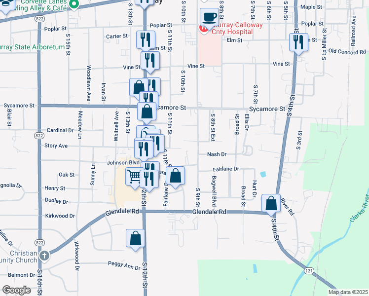 map of restaurants, bars, coffee shops, grocery stores, and more near 1000-1098 Story Ave in Murray