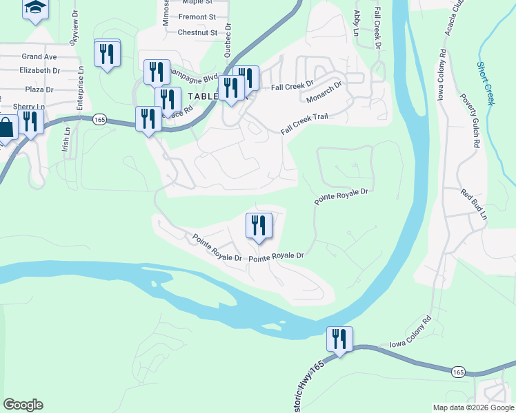 map of restaurants, bars, coffee shops, grocery stores, and more near 180 Lake Club Drive in Branson