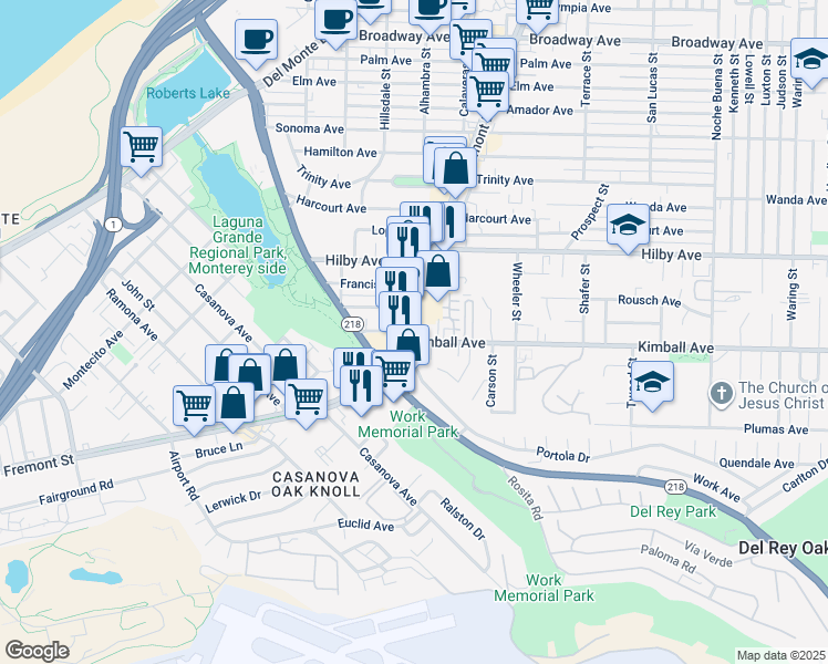 map of restaurants, bars, coffee shops, grocery stores, and more near 1102 Fremont Boulevard in Seaside
