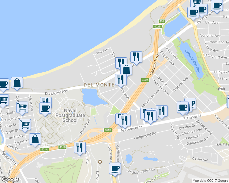 map of restaurants, bars, coffee shops, grocery stores, and more near 28 Helvic Avenue in Monterey