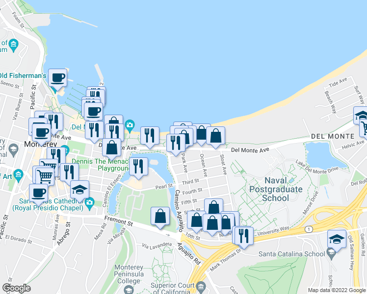 map of restaurants, bars, coffee shops, grocery stores, and more near 1101 Del Monte Avenue in Monterey