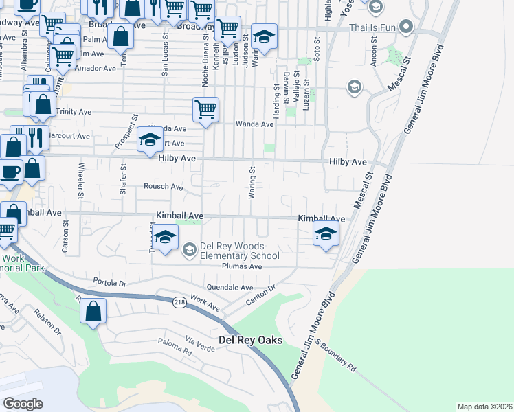 map of restaurants, bars, coffee shops, grocery stores, and more near 1118 Waring Street in Seaside