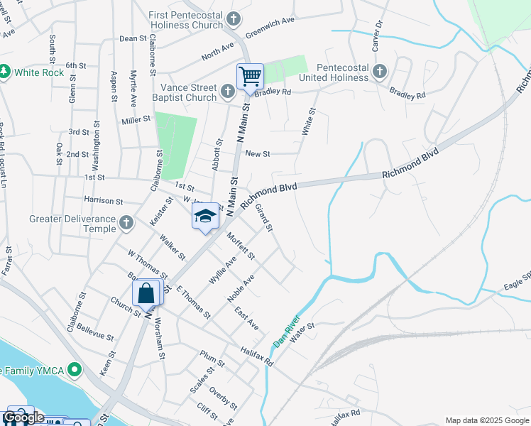 map of restaurants, bars, coffee shops, grocery stores, and more near 125 Girard Street in Danville