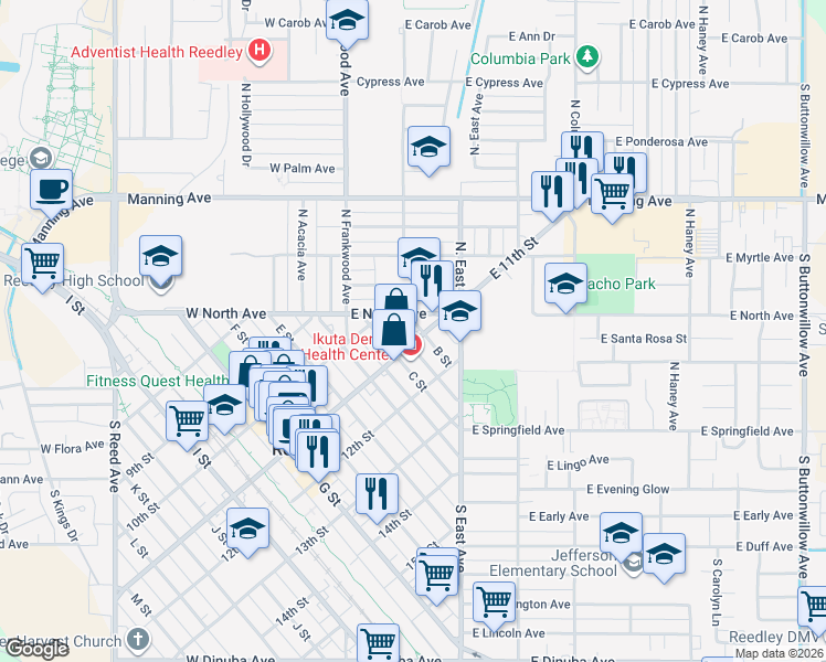 map of restaurants, bars, coffee shops, grocery stores, and more near 1225 11th Street in Reedley