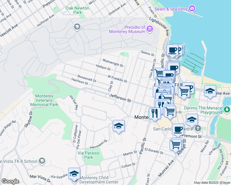 map of restaurants, bars, coffee shops, grocery stores, and more near 486 Monroe Street in Monterey
