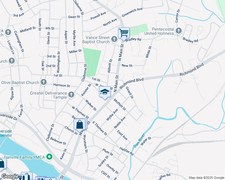 map of restaurants, bars, coffee shops, grocery stores, and more near 101 West James Street in Danville