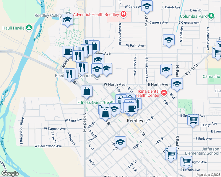 map of restaurants, bars, coffee shops, grocery stores, and more near 750-1/2 G Street in Reedley
