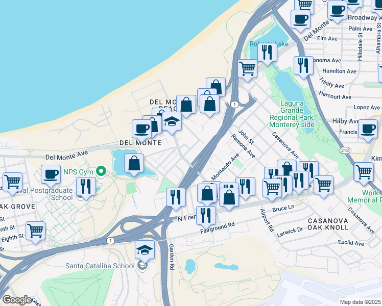 map of restaurants, bars, coffee shops, grocery stores, and more near 112 Encina Avenue in Monterey