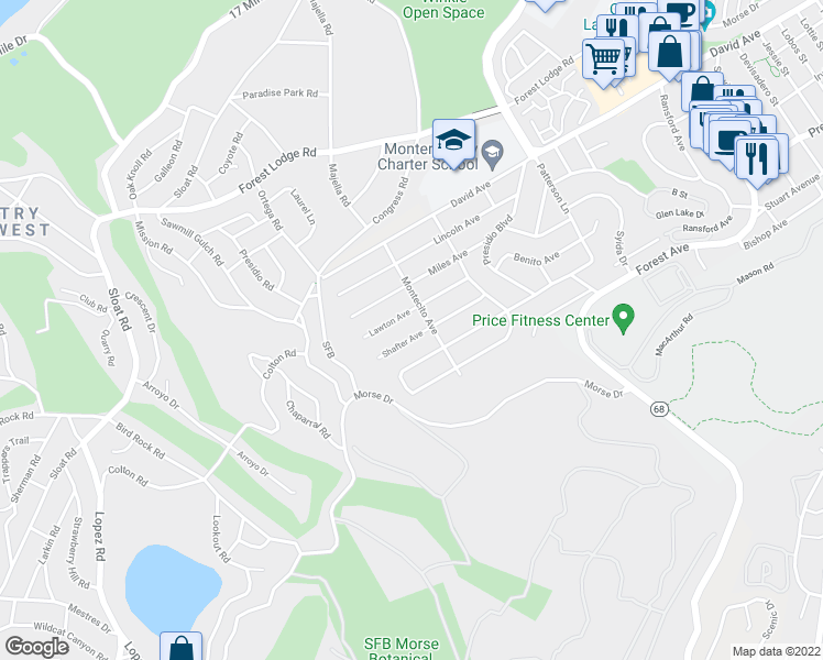 map of restaurants, bars, coffee shops, grocery stores, and more near 1310 Shafter Avenue in Pacific Grove