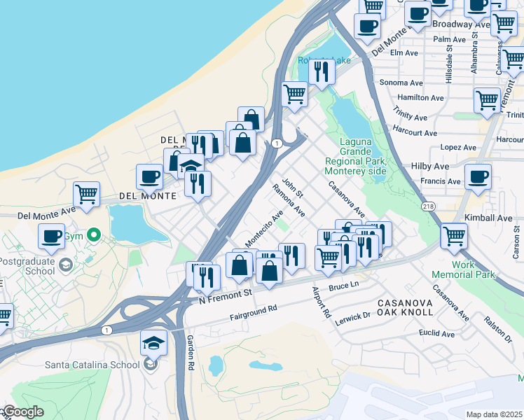 map of restaurants, bars, coffee shops, grocery stores, and more near 215 Montecito Avenue in Monterey