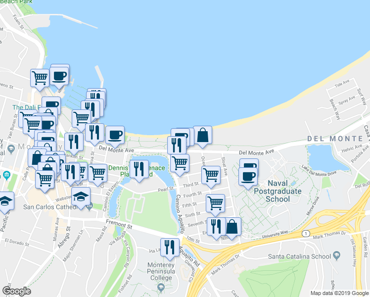 map of restaurants, bars, coffee shops, grocery stores, and more near 1099 Del Monte Avenue in Monterey