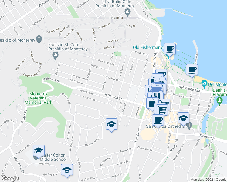 map of restaurants, bars, coffee shops, grocery stores, and more near 460 Watson Street in Monterey