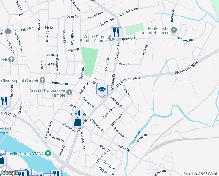 map of restaurants, bars, coffee shops, grocery stores, and more near 101-199 West James Street in Danville