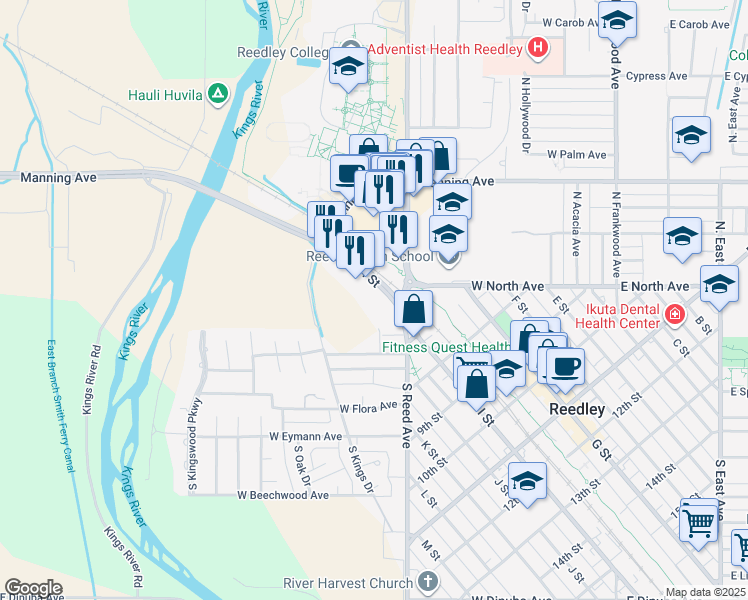 map of restaurants, bars, coffee shops, grocery stores, and more near 555 I St in Reedley