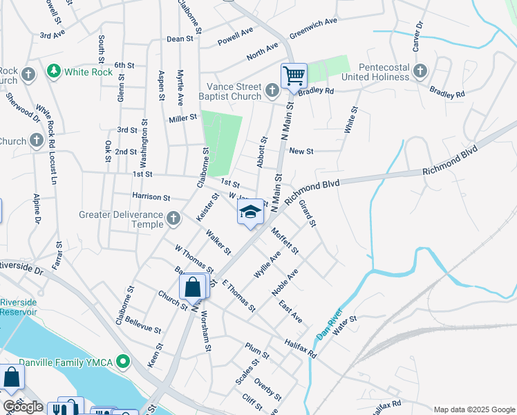 map of restaurants, bars, coffee shops, grocery stores, and more near 115 West James Street in Danville