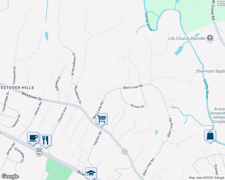 map of restaurants, bars, coffee shops, grocery stores, and more near 1909 Blair Loop Road in Danville