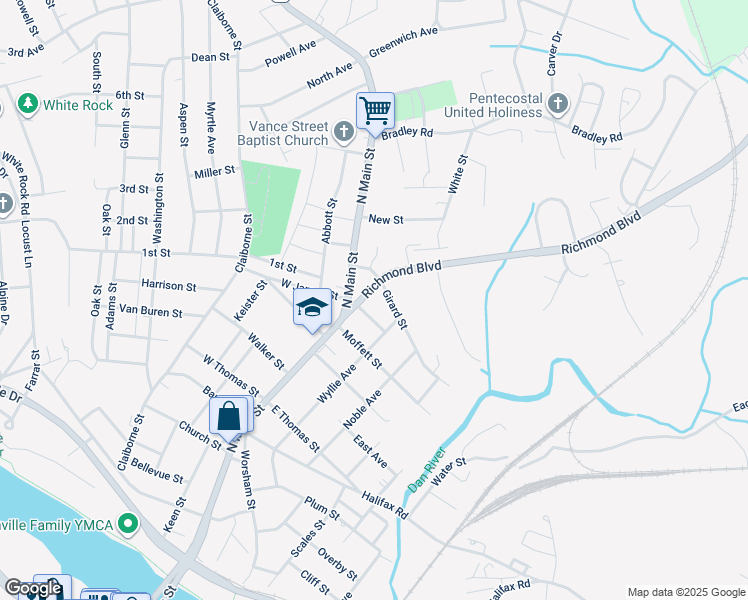 map of restaurants, bars, coffee shops, grocery stores, and more near 1216 Richmond Boulevard in Danville