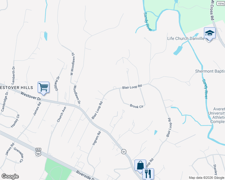 map of restaurants, bars, coffee shops, grocery stores, and more near 1909 Blair Loop Road in Danville