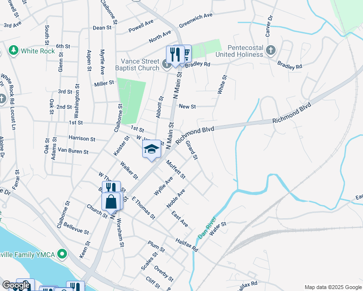 map of restaurants, bars, coffee shops, grocery stores, and more near 1216 Richmond Boulevard in Danville
